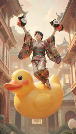 akira, wearing a lavish patterned kimono and matching obi sash, floats atop a gigantic rubber duck while juggling oversized sushi rolls, reaching upward, high‑angle view, soft cinematic lighting bathes the scene, detailed digital painting, shallow depth of field, whimsical fantasy style, ornate background architecture, peach warm apricot muted sage palette, gently desaturated, peach warm apricot muted sage palette
