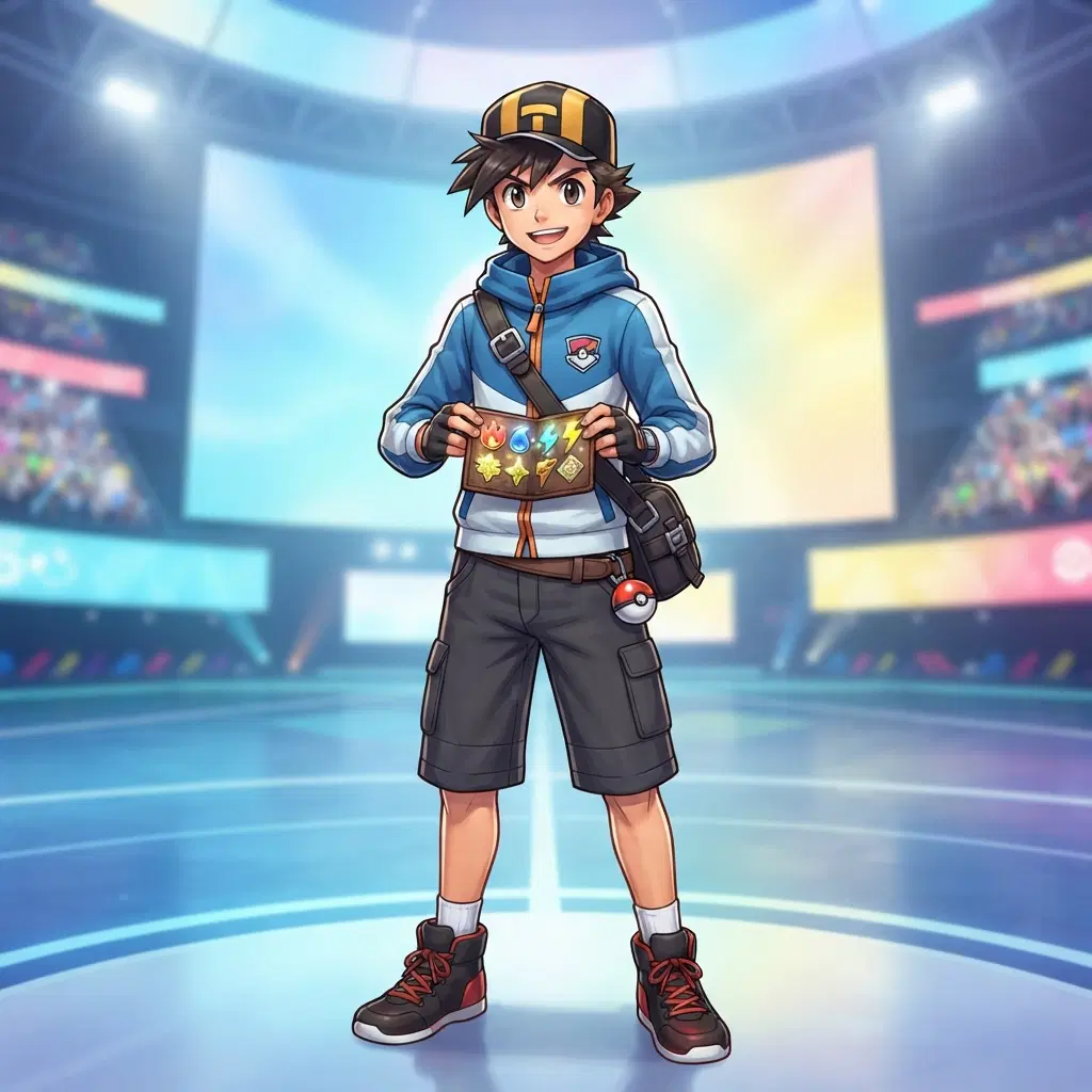 anime boy trainer in a hooded jacket and cap, sneakers, cross-body bag, holding an open badge case, a small round ball on his belt, standing alone in a bright stadium arena, no creatures, full body