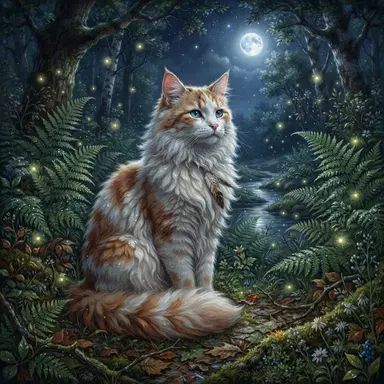 Original feral cat character, fluffy white and ginger she-cat with blue eyes in a moonlit fern clearing, painterly