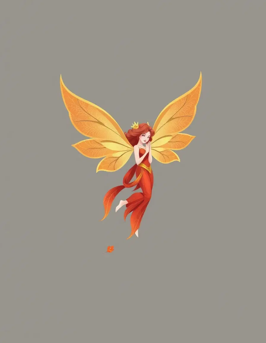 Golden winged forest fae floating gently, elegant fantasy character, soft red and gold colors, clean cartoon illustration, centered on gray background, tee design