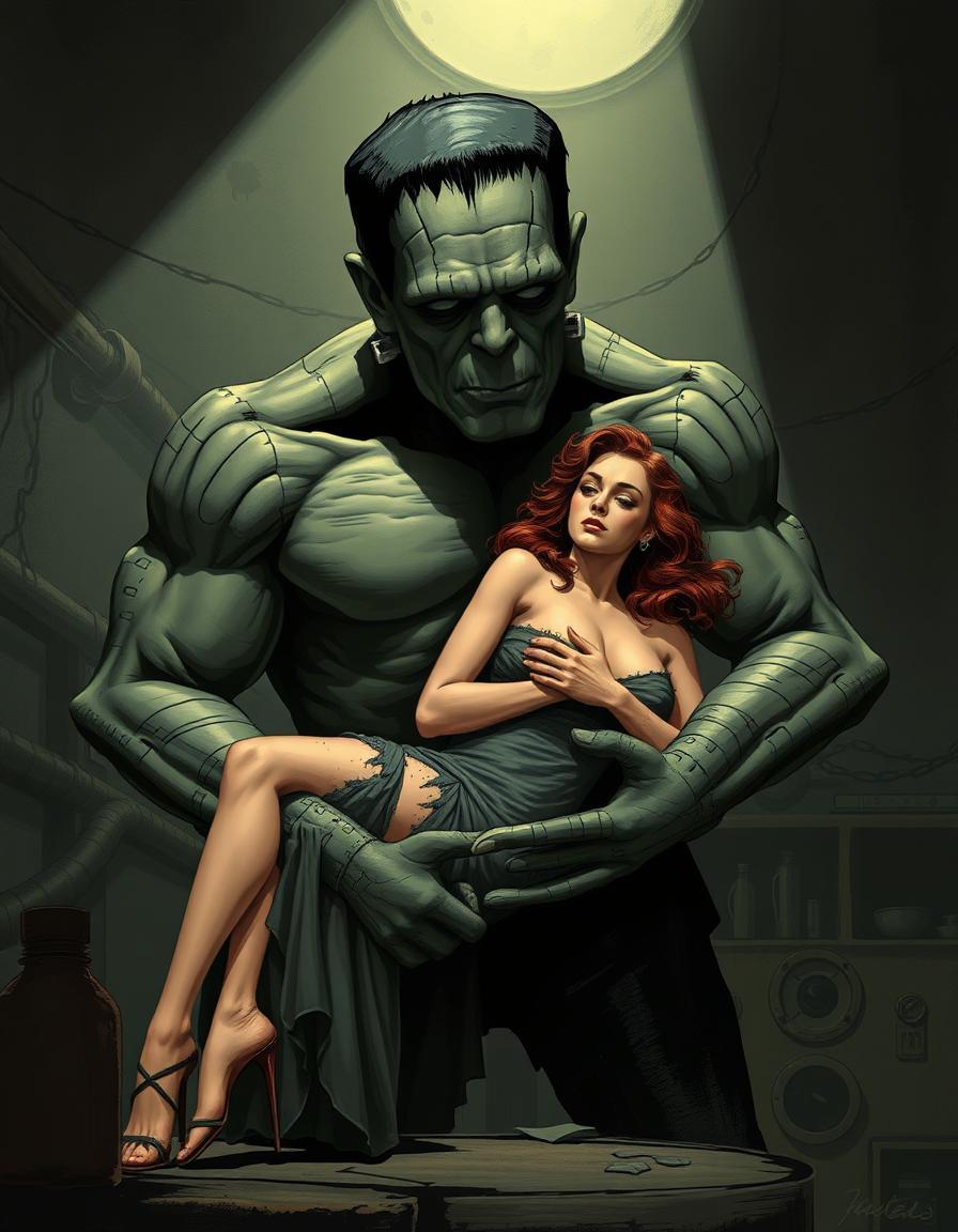 In a dimly lit gothic laboratory, a towering Frankenstein-like monster tenderly cradles a beautiful damsel in distress. The monster is bulky and dramatic, with exaggerated stitched muscles and a sorrowful expression. The woman is delicate and glamorous, with wavy hair and a torn dress. The scene is filled with bold shadows and dramatic poses, reminiscent of vintage pulp art and classic cartoon illustration.