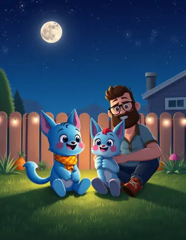 3D cartoon style, Bluey and Bingo sitting with their mom Chilli and dad Bandit in the backyard at night, clear starry sky above, warm cozy family moment, soft glowing moonlight