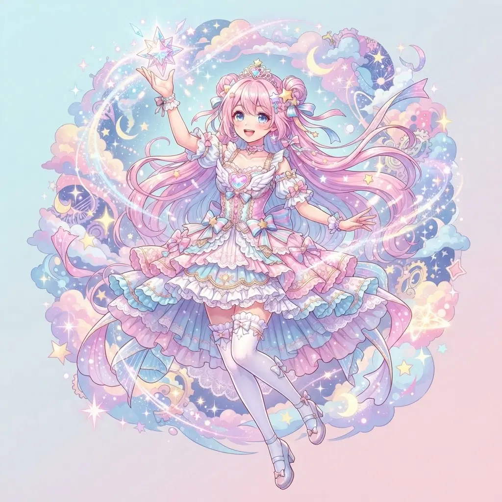 original character: a magical girl in a frilled layered dress with ribbons and puffed sleeves, holding a glowing gem aloft, surreal collage clouds swirling behind her, bittersweet pastel magical girl anime illustration, clean soft gradient studio background, vibrant, crisp high detail, digital illustration