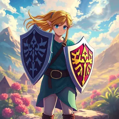 Visual Style: Magnificent Anime, Genre: Fantasy, Subject(s): Zelda from The Legend of Zelda, Time Period: Fantasy, Color: Vibrant, Aspect Ratio: 16:9, Format: Digital, Frame Size: 4K, Lens Size: 35mm, Composition: Dynamic, Lighting: Dramatic, Lighting Type: Mixed (Natural and Magical), Time of Day: Daytime, Environment: Fantasy Landscape, Location Type: Hyrule, Set: Majestic, Camera: Digital Art Software, Lens: Digital Brush, Film Stock / Resolution: High Resolution, Tags: Magnificent Anime, Fantasy, Vibrant Colors, Zelda, The Legend of Zelda, Perfect Shield, Perfect Outfit, Hyrule, Fantasy Landscape, Majestic, Daytime
