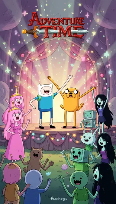 Colorful cartoon illustration of Adventure Time characters celebrating in the Land of Ooo, Finn and Jake on a decorated stage while Princess Bubblegum, Marceline, BMO and other characters gather around excitedly, magical glowing background.