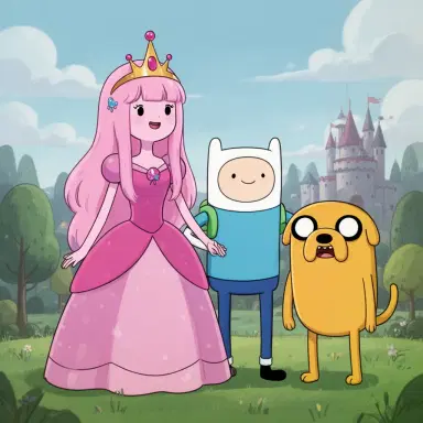 Princess Bubblegum (from Adventure Time) with finn the human and jake the dog