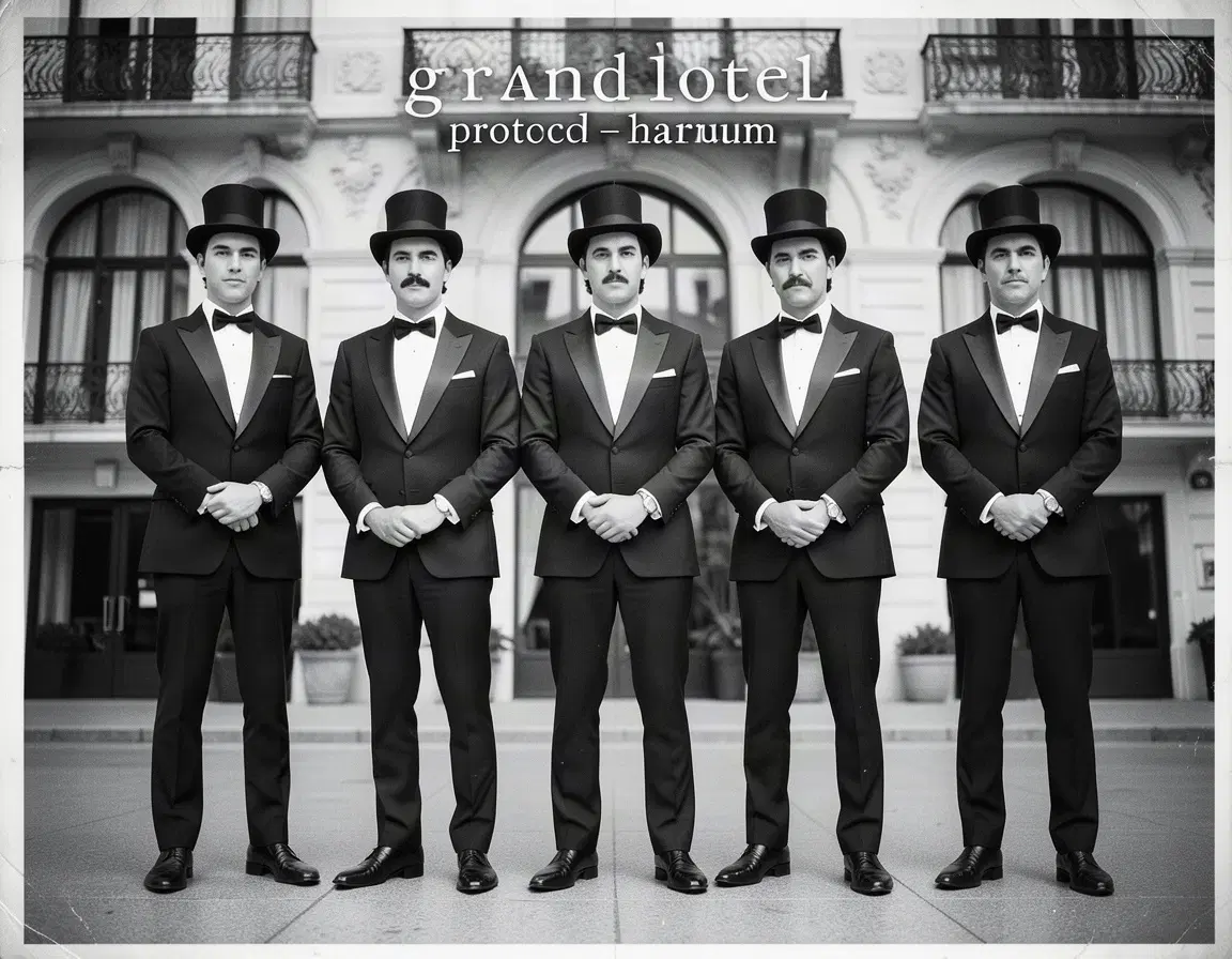 formal tuxedos: black and white photograph, five distinguished male figures in identical black tuxedos with satin lapels, white dress shirts, black bow ties, polished black dress shoes, each wearing a top hat; figure1: clean‑shaven, hands clasped, direct gaze; figure2: mustache, hands in pockets, direct gaze; figure3: clean‑shaven, hands clasped, direct gaze; figure4: mustache, hands in pockets, direct gaze; figure5: clean‑shaven, hands clasped, direct gaze, standing in a static frontal stance before a grand hotel facade with arched windows and ornate balconies, vintage album cover aesthetic, overlay reading "grand hotel – protocol harum", high contrast monochrome, symmetrical composition, shallow depth of field, cinematic lighting, 85mm portrait lens.