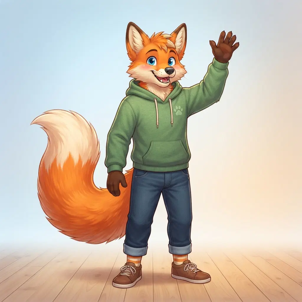 anthro fox fursona character, full body, standing with a friendly wave, wearing a green hoodie and jeans, big bushy tail with white tip, orange and cream fur, expressive happy face, clean soft gradient studio background, vibrant, crisp high detail, digital illustration