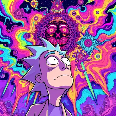 Rick from rick and Morty is gazing up as reality melts above them, dripping psychedelic colors, swirling mandalas forming faces and symbols, trippy dream logic visuals, acid trip aesthetic, Rick and Morty cartoon style, smooth bold outlines, high saturation, surreal animated sci-fi fantasy โข ultra psychedelic
โข 4k detailed illustration
โข vaporwave + LSD art fusion
โข surreal animation still
โข extreme color saturation
โข trippy fractal heaven