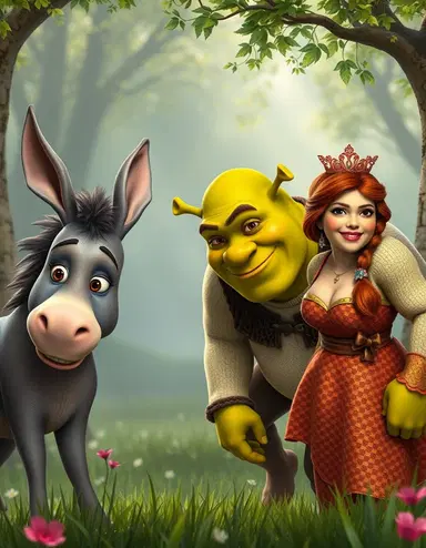image of shrek donkey and fiona. shrek in the middle