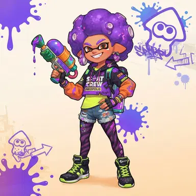 Splatoon game style inkling OC with purple afro tentacle hair and street fashion, Nintendo Splatoon official art style, ink splatters, clean background