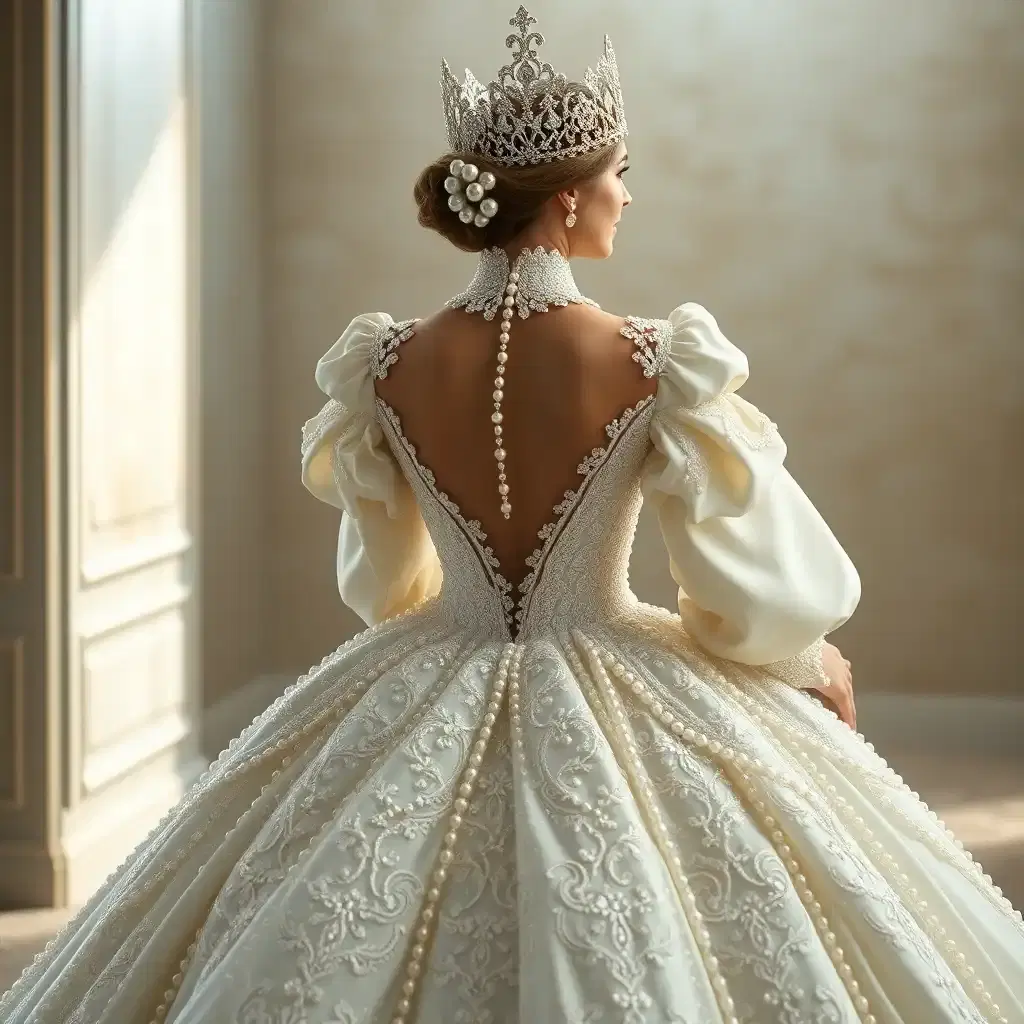 A regal wedding dress featuring a built-in pearl-encrusted crown that seamlessly transitions into a high, structured collar. The gown itself takes inspiration from royalty, with intricate pearl embroidery cascading into oversized puffed sleeves and a voluminous ballgown skirt that extends into a five-meter-long pearl-trimmed train.