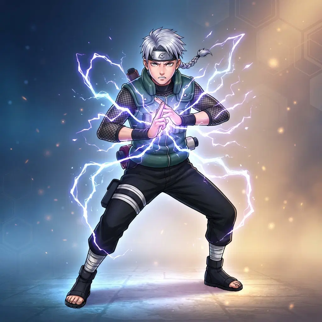 Anime illustration, original teen ninja, full body, dark teal flak vest over black sleeves, metal headband with a made-up crescent-and-leaf village mark, silver hair in a short braid, hands forming a seal, bright violet lightning jutsu crackling around them, clean soft gradient studio background, vibrant, crisp line art