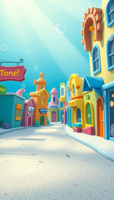 Empty cartoon-style underwater town street from SpongeBob SquarePants, sandy ground, colorful cartoon street signs, small quirky underwater buildings with bright pastel colors, bubbles floating, soft light rays from above, no characters