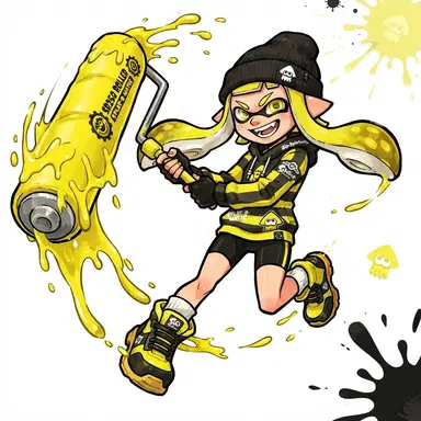 Splatoon game style inkling OC holding giant ink roller, yellow ink dripping, Nintendo Splatoon official art style, dynamic pose, clean background