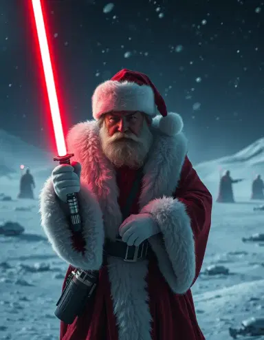 "Santa Claus, Star Wars style, semi-realistic Jedi-inspired, red robes with fur trim, glowing red lightsaber, snowy galactic battlefield, cinematic sci-fi lighting"