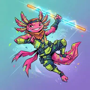 original mutant axolotl ninja hero with glowing bo staff, angular 2D cartoon, graffiti-bright colors