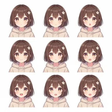 A nine-panel expression sheet of a brown bob-haired VTuber