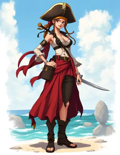 New design for a female One Piece Pirate, Strong, Tall, Captain, One Piece art style