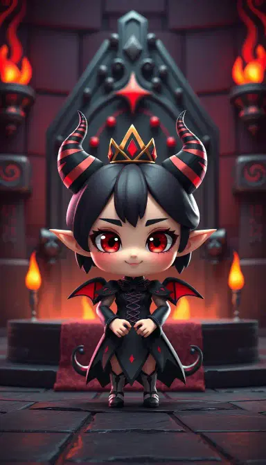 3D cute chibi demon queen girl, small crown, curved horns, dark elegant dress, confident cute expression, demon throne room background, black stone throne, red glowing runes, fire torches, dark fantasy atmosphere, high quality 3D chibi render