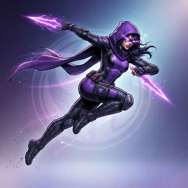 original agile superhero in purple and black hooded stealth suit with energy daggers, mid-leap, sleek comic book illustration