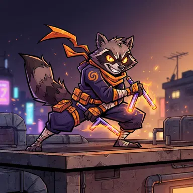 original mutant raccoon ninja hero with twin tonfa, angular 2D cartoon, graffiti-bright colors