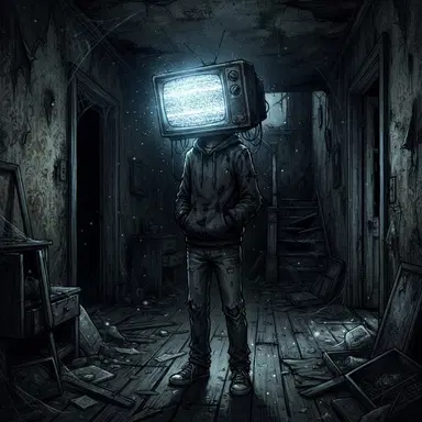Creepypasta style OC, boy with old TV static screen for a head, flickering glow, abandoned house, eerie digital art, no gore