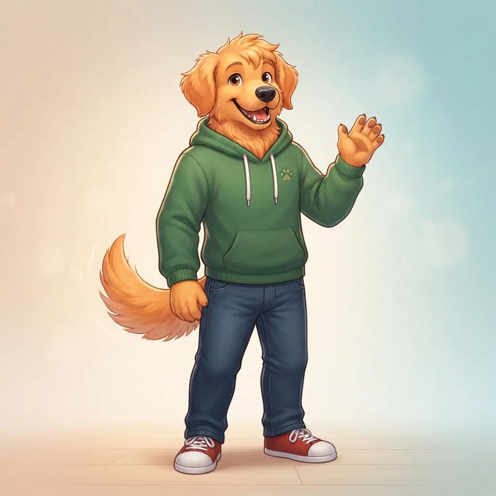 anthro dog fursona character, friendly golden retriever style with floppy ears and a wagging tail, wearing a green hoodie and jeans, big happy grin, full body standing pose, expressive, wholesome furry art style, clean soft gradient studio background, vibrant, crisp high detail, digital illustration