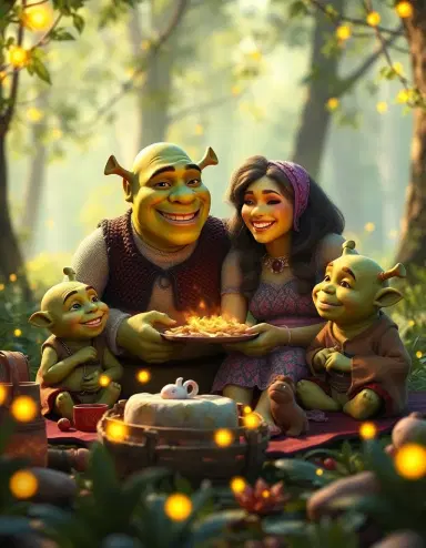 create a ghibli-style image of a shrek and fiona family photo, capturing an unprecedented moment. depict shrek and fiona, adorned in whimsical, hand-stitched clothing, picnicking with their ogre triplets in a sun-dappled swamp clearing filled with glowing fireflies. focus on the loving expressions of the family as they share a moment of laughter, surrounded by whimsical, oversized flora and fauna.