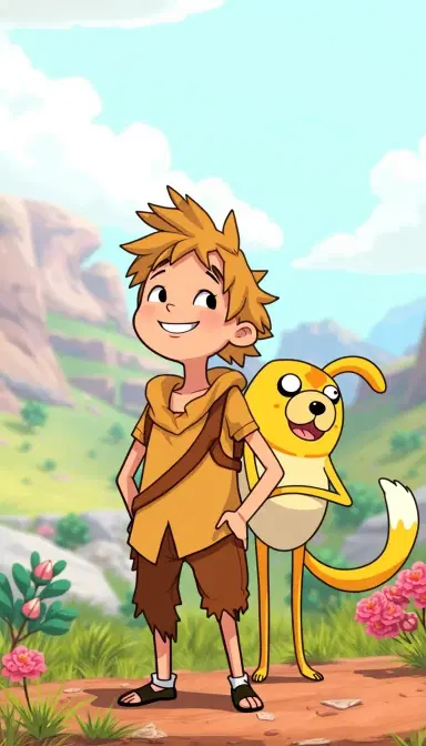 in a vibrant, whimsical landscape with an atmosphere reminiscent of a fantasy realm, a cartoon-inspired scene unfolds featuring finn and jake from adventure time. finn, the iconic hero from the post-apocalyptic land of ooo, stands before us with an earthy complexion, his short, spiky hair bursting with messy texture, adorned with a radiant grin radiating innocence and optimism. his eyes sparkle with an unwavering sense of wonder, gazing out into the horizon. finn's attire consists of a tattered, cream-colored shirt and matching hat, with pants that showcase his carefree, adventurous spirit.
by finn's side stands jake, the perpetually cheerful and endearingly dim-witted magical dog, with a robust, fluffy coat boasting hues of orange, yellow, and creamy white. jake's countenance exudes unbridled enthusiasm, as his massive ears and long, spindly arms dramatically swing with an air of joyful abandon. jake's tail, an enduring symbol of his perpetual good mood, wagging non-stop as it flows behind him like a carefree whirlwind.
the entire scene is presented in an affectionate, exaggerated cartoon style, with crisp, minimal shapes and stark, bright colors, slightly distorted to evoke an endearing sense of wonkiness. the resulting image should capture the quintessence of finn and jake's enduring friendship, set against a captivating backdrop that fuses vibrancy with a deep sense of imagination, inviting viewers to step into their captivating world of endless wonder.