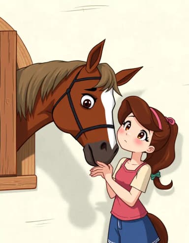 make wally darling from welcome home have a horse body and and julie from the same show a shy blushing girl getting flirted bu the horse with wally darling face in wall with her which is wally darling in a 2d environment. Try to make it similar to the "will u be my owner" scene from the horse anime game."use their actual face and facial features don't alter".