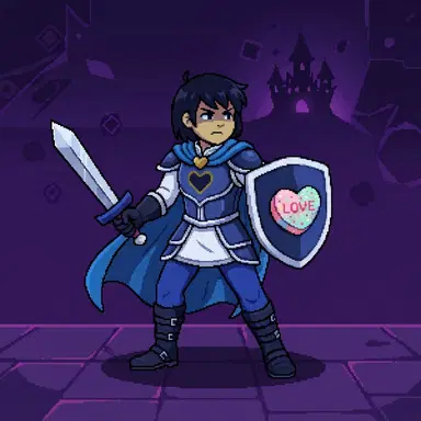 Deltarune dark world style OC, human hero in blue armor with candy-heart shield, Toby Fox game art style, dark purple palette, cel shaded, clean background