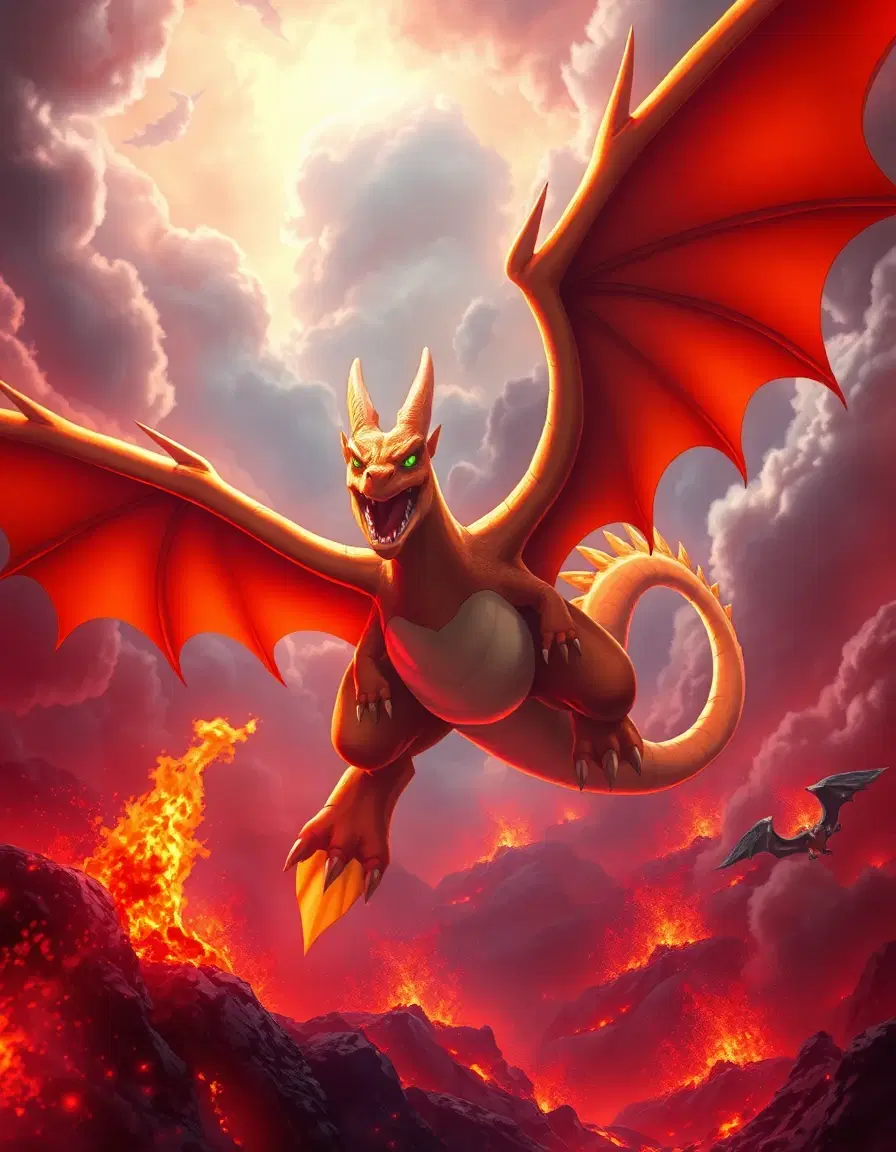Legendary Charizard Battle Poster
“Epic professional anime poster of mega Charizard x from Pokemon anime flying through volcanic clouds with blazing wings, lava erupting below, intense fire aura, cinematic perspective, orange-red lighting, ultra realistic anime shading, powerful expression, highly detailed scales and flames, dynamic motion blur, masterpiece quality, dramatic movie poster composition, 8K.”