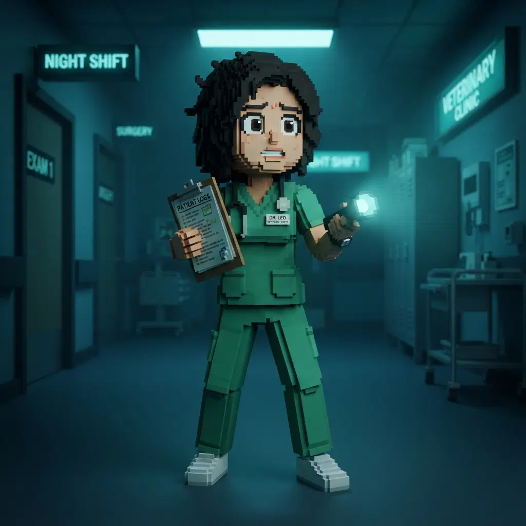 original character: a blocky voxel style veterinary night-shift worker in green scrubs holding a clipboard and a flashlight, nervous wide-eyed expression, Roblox-like stylized 3D blocky character render, eerie teal hospital glow, clean soft gradient studio background, vibrant, crisp high detail