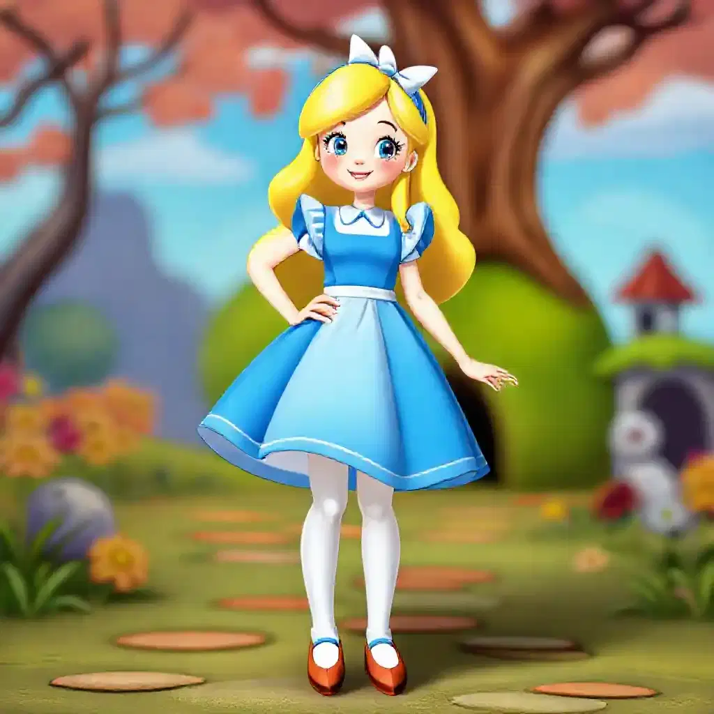 In this reimagining, Alice is transformed into a whimsical Wii character, exuding cheer and charm. Her bright blue and white dress perfectly complements her blonde hair styled in a cute bow. The background features a colorful, cartoonish world that fits the playful and expressive art style of the Wii era.