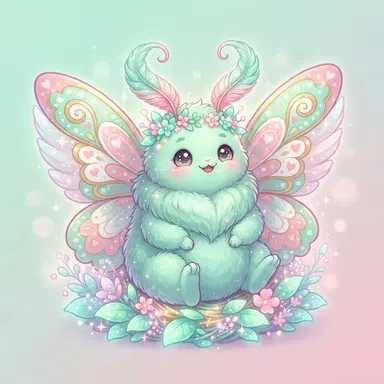 Fluffy moth creature original character design, pastel mint and pink wings, cozy mascot style, digital illustration