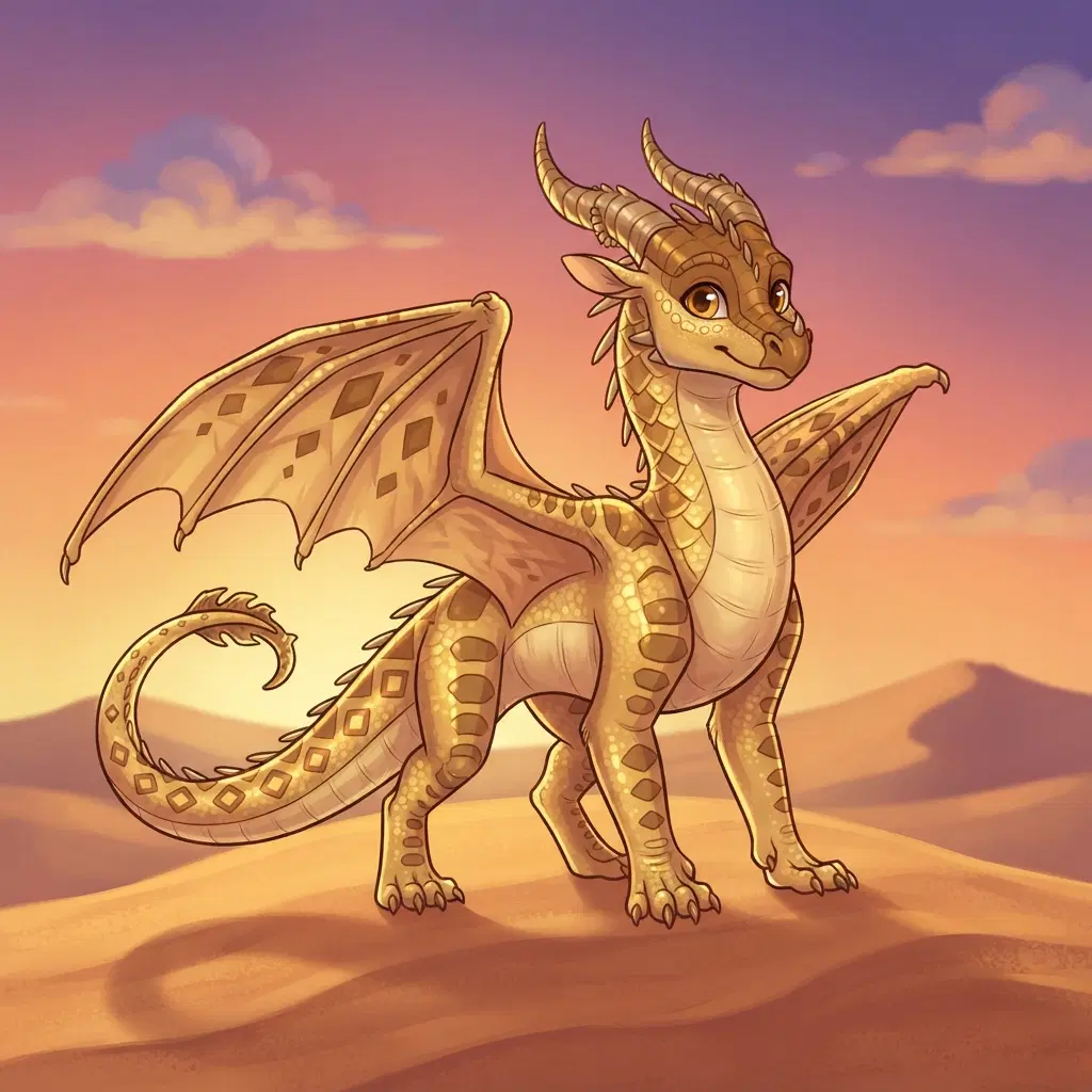dragon character with sand-gold scales and brown diamond patterns, curved back-swept horns, barbed tail tip, big expressive amber eyes, wings half spread, standing on a desert dune at sunset, children's fantasy book illustration style, clean lines and soft colour with shine on the scales, full body