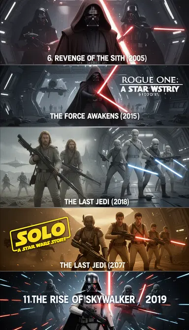 MUST WATCH Sci-fi & Action movie: (Part 3)
6.Revenge of the Sith (2005)
7.The Force Awakens (2015)
8.Rogue One: A Star Wars Story (2016)
9.The Last Jedi (2017)
10 Solo: A Star Wars Story (2018)
11.The Rise of Skywalker (2019)
Generate image and Convert to 9:16 releted with movie photos with best quality
