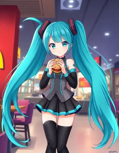 Hatsune Miku, anime tall girl with long turquoise twin-tails, teal eyes, futuristic vocaloid idol outfit, sleeveless gray top with teal accents, pleated black skirt, detached arm sleeves, thigh-high black boots, detailed hair strands, in mcdonalds eating burger