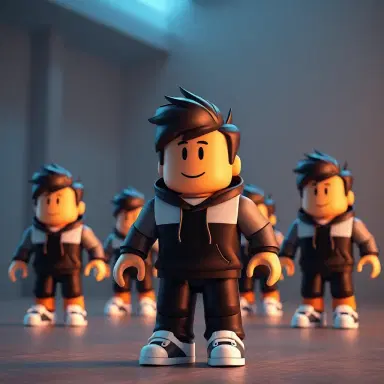 oblox style, blocky roblox characters, cinematic lighting, roblox game graphics, 3D render, same male roblox avatar with black hoodie and white shoes, consistent character design