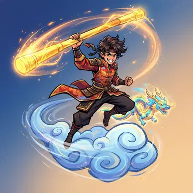 original teen hero with glowing golden staff riding a cloud, stylized action cartoon, Chinese mythology flair