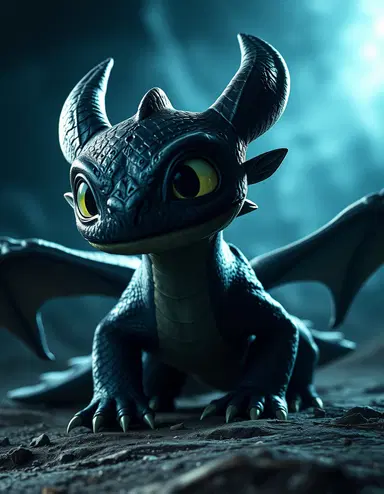 a highly exaggerated, cinematic depiction of toothless, the night fury dragon, set against an even darker and more ominous background