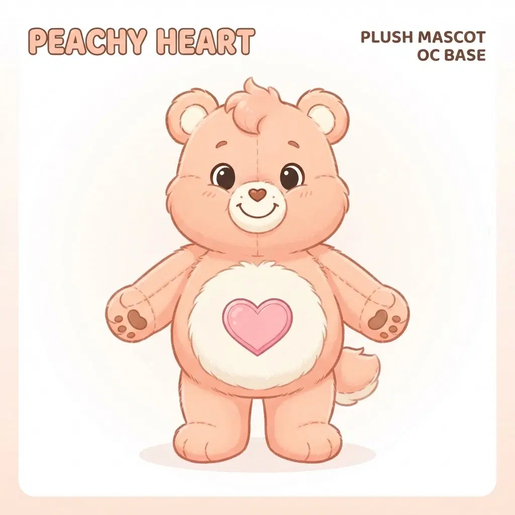 cute plush animal mascot oc base in the style of colorful stuffed toy critters, round chubby body, big smile, front view full body pose reference, pastel peach fur with a heart shaped belly badge, flat colour, minimal shading, plain white background, reference sheet style, clean soft gradient studio background, vibrant, crisp high detail, digital illustration