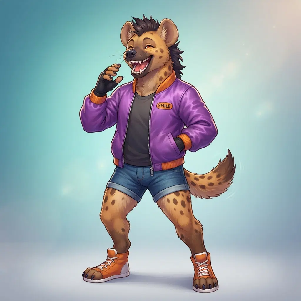 anthro spotted hyena fursona character, full body, big toothy laugh, tan fur with dark brown spots, short rounded ears, spiky dark mane down the neck, wearing a purple bomber jacket and shorts, expressive and friendly, clean soft gradient studio background, vibrant, crisp high detail, digital illustration