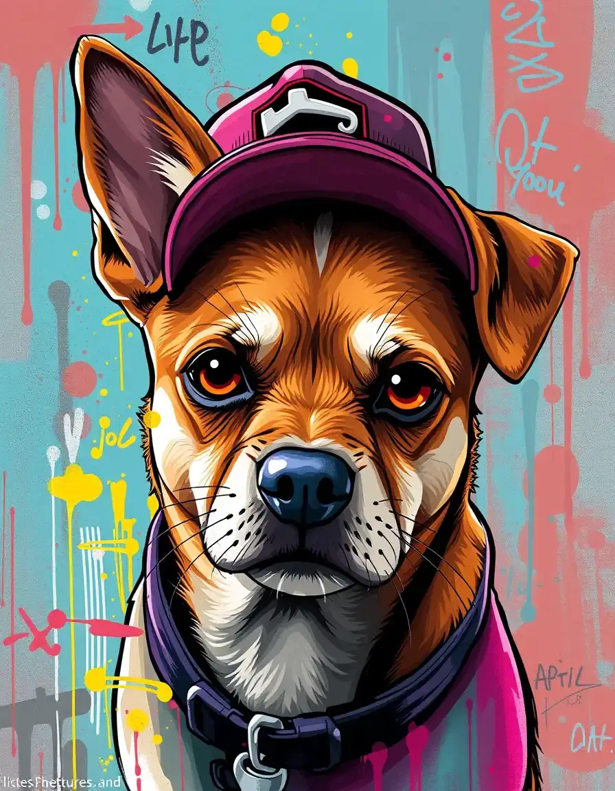 Custom pet portrait graffiti style, dog cat urban street art, colorful pet digital art,