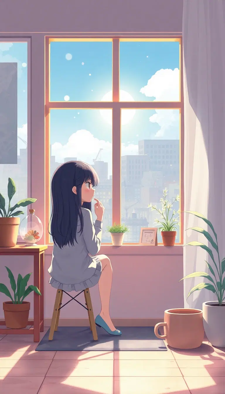 A cozy, modern anime-style digital illustration with a soft-painted aesthetic and cinematic window lighting