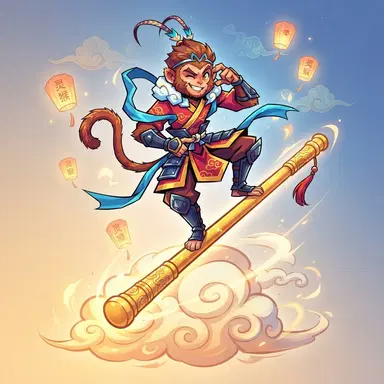 original monkey-tailed trickster hero balancing on golden staff, stylized action cartoon, Chinese mythology flair
