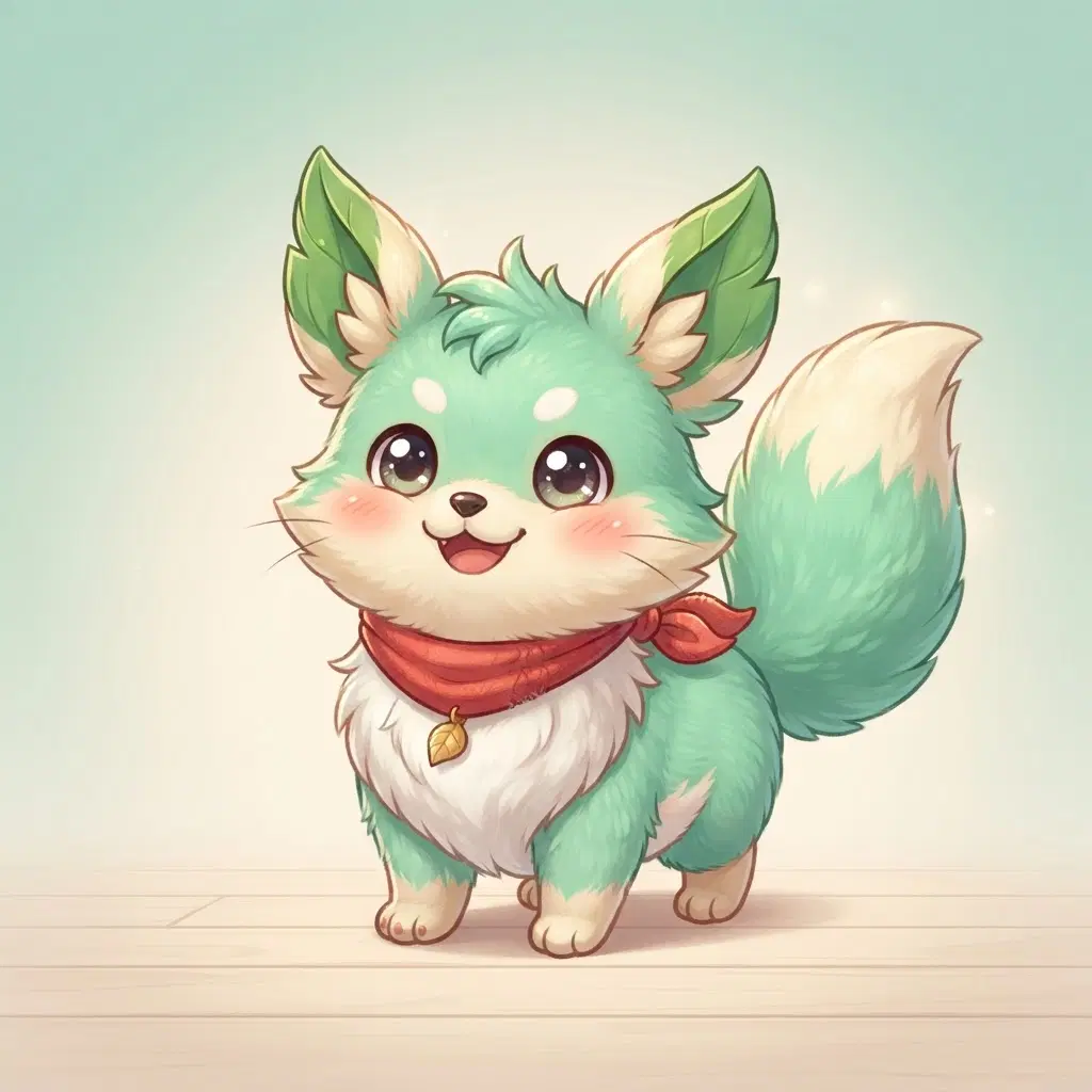 pokesona, a person's self character drawn as a cute creature companion, small round fluffy fox-like creature with big sparkly eyes, mint green and cream fur with leaf shaped ears, wearing a tiny red scarf, happy full body pose, expressive, cute cartoon creature art, clean soft gradient studio background, vibrant, crisp high detail, digital illustration
