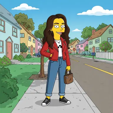 A stylish young woman as a flat 2D yellow cartoon character on a sunny suburban street