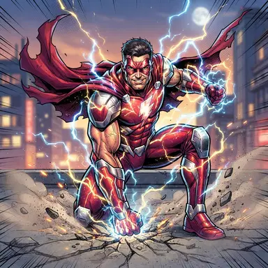 original male superhero in crimson and silver suit with lightning powers, heroic landing pose, bold comic book art